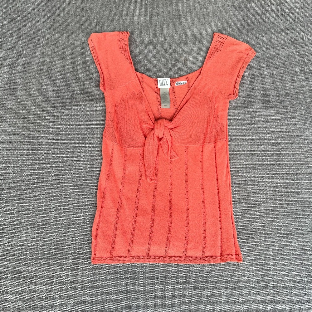 CITY DKNY Pointelle Knit Top Womens M Orange Knot Front Pullover Evening Wear